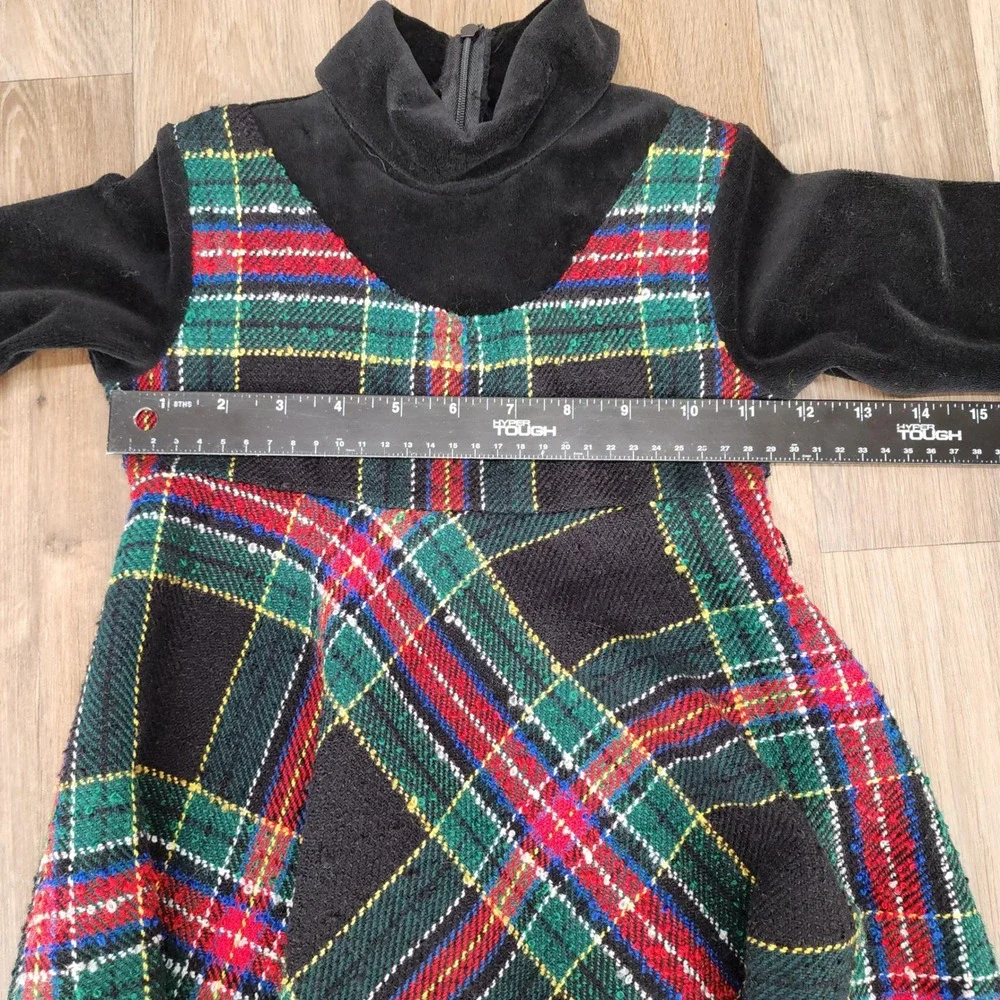 Cozi Kidz Plaid Dress Vintage Girls Size 2 Black‎ Velvet Trim Party Holiday